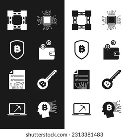 Set Cryptocurrency wallet, Shield with bitcoin, Blockchain technology, Processor, Smart contract and key icon. Vector