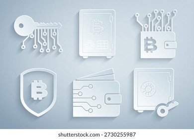 Definir carteira criptomoeda, , Escudo com bitcoin, Prova de participação, e ícone de chave. Vetor