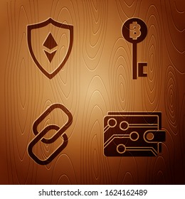 Set Cryptocurrency wallet, Shield Ethereum ETH, Chain link and Cryptocurrency Bitcoin key on wooden background. Vector