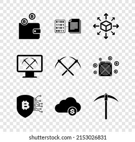 Set Cryptocurrency wallet, Smart contract, Distribution, Shield with bitcoin, cloud mining and Pickaxe icon. Vector