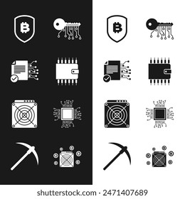Establecer cartera de criptomoneda, contrato inteligente, escudo con bitcoin, clave, ASIC Miner y el icono del procesador. Vector