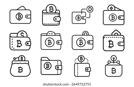 Conjunto de criptomoeda wallets ícone com símbolos de bitcoin e estilo de contorno moderno