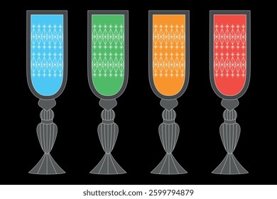 Set of crystal champagne glasses of different colors. Abstract geometric glass decorated with pattern. Modern isolated vector illustration in flat style.