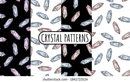 Set of crystal doodles seamless border patterns. Cute cartoon vector quartz amethyst wallpapers. Cozy bohemian style template background tiles collection
