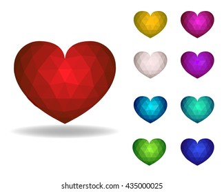 Set of Crystal heart in 3d style, vector object