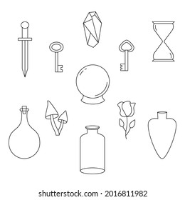 Set of crystal, key, magic ball, mushrooms, rose, dagger, sandglass. Vector illustration.
