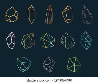 Set Set aus Kristall, umrissene Form auf dunkelblauem Hintergrund