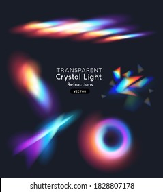 A Set Of Crystal Rainbow Light Streak Refraction Effects. Transparent Vector Illustration.