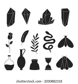 Set of crystal, snake, rose,  leaf, moth, vase, feather, sandglass. Vector illustration.