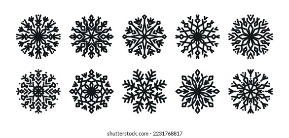 Set of crystal snowflakes of different geometric shapes. Winter flat vector decorative elements, snow flake ornament for New Year's holidays, frostwork illustrartion. Snowflake winter design, decor.