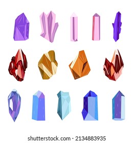 Set of Crystal stone. Gemstone magic. Bright and shiny. Amethyst and aquamarine, apatite, chalcedony, citrine and garnet, ruby and zircon, quartz. Colorful vector isolated illustration hand drawn