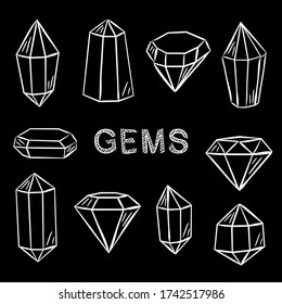 Conjunto de cristales en estilo tiza. Gemas hechas a mano, diamantes, esmeraldas y rubíes. Borde blanco sobre una pizarra negra. Ilustración vectorial para joyería, bijouterias, geología, venta, magia y milagro