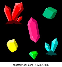 Set of crystals and diamonds. Vector colorful cartoon gemstones. Isolated objects.