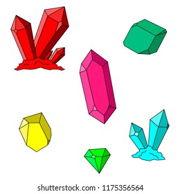Set of crystals and diamonds. Vector colorful cartoon gemstones. Isolated objects.