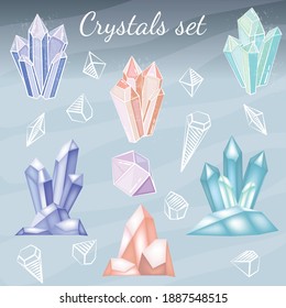 A set of crystals of different shades and different techniques. Linear images. Gradient. Tone. For gaming locations and more. Magic and mineral crystals, Gems. Vector illustration.