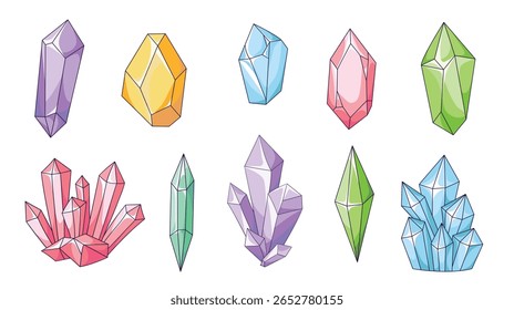 Um conjunto de cristais de diferentes formas e cores. Gemas, diamantes e gelo que refletem a luz. Elementos de magia, bruxaria e alquimia