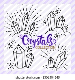 Set of crystals and gemstone with sparkles. Geometric and polygonal shapes. Hand drawn vector illustration
