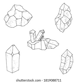 Conjunto de cristales, minerales y piedras preciosas. Ilustraciones de dibujos animados. Objetos aislados en blanco. Estilo dibujado a mano.