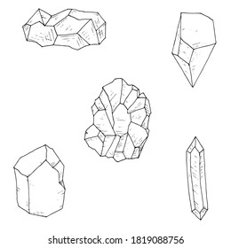 Conjunto de cristales, minerales y piedras preciosas. Ilustraciones de dibujos animados. Objetos aislados en blanco. Estilo dibujado a mano.