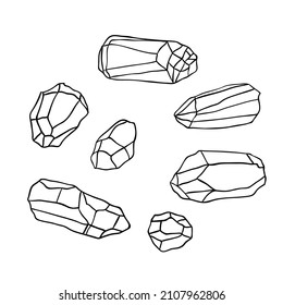 Kristalle, Mineralien Mondstein, Amethyste, Quarz. Vektorkonturkunst.