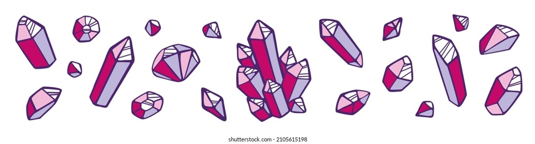 A set of crystals and minerals of various shapes. Vector isolated image on a white background. The image is hand-drawn. Doodles. 