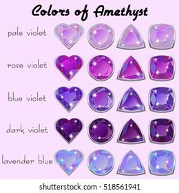 Set of crystals in natural tints of violet color of precious stone Amethyst in realistic different cuts with silver edging. Vector illustration
