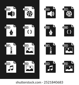 Establecer documento de archivo CSS, EPS, WMA, AVI, ZIP, TIFF, JPG y WAV icono. Vector