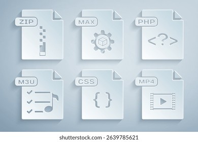 Set CSS file document, PHP, M3U, MP4, MAX and ZIP icon. Vector