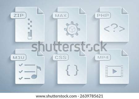 Set CSS file document, PHP, M3U, MP4, MAX and ZIP icon. Vector