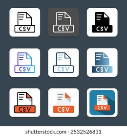 Set of csv file format icons for various document types, extensions, file types and spreadsheets.