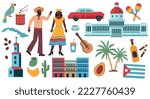 Set of Cuba elements. Stickers with beautiful characters in traditional Cuban costumes, landmarks, musical instruments, fruits and animals. Cartoon flat vector collection isolated on white background