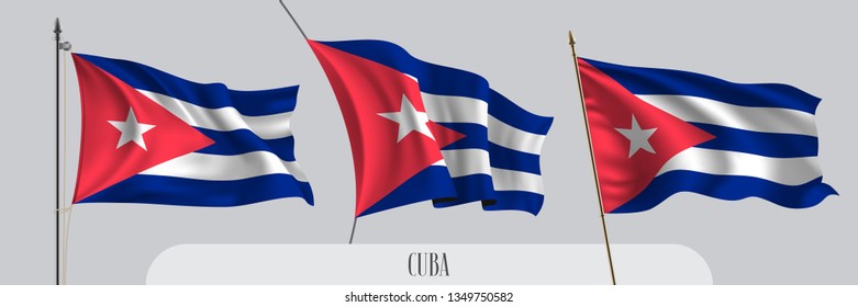 Set of Cuba waving flag on isolated background vector illustration. 3 blue red Cuban wavy realistic flag as a patriotic symbol 