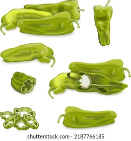 Set of Cubanelle pepper. Capsicum annuum cubanelle, cuban pepper, Italian Frying Pepper. Whole, half, sliced and wedges of peppers. Vegetables. Vector illustration isolated on white background.