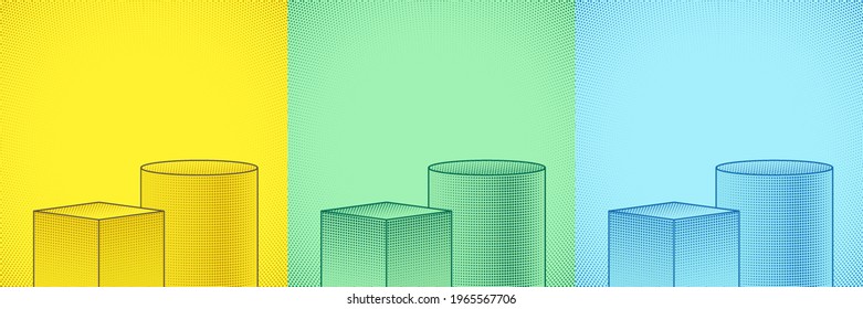 Set of cube and cylinder pedestal podium. Collection of green, yellow, blue background with halftone dot decorate. Vector 2d shape product display presentation. Simple flat design. Comic concept.