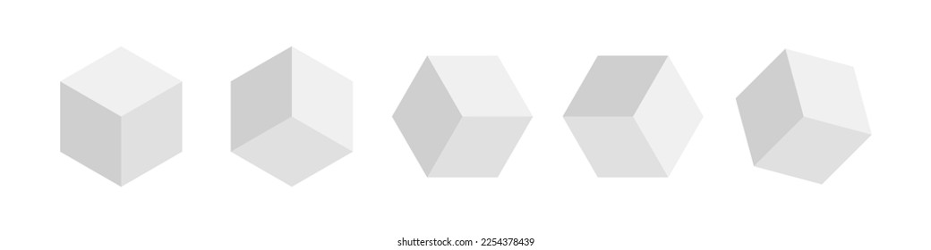 Set of cube from different sides. White abstract geometric figures. Vector illustration isolated on white background.