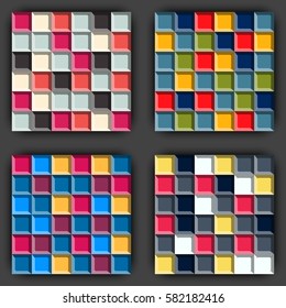 Set of cube game seamless patterns. Geometric pattern background. 3D like surface color mosaic. Stock vector puzzle illustration. Colorful brick or tile pattern. Wrapping paper pattern.