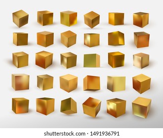 Set of cube in gold metallic. Realistic golden decorative design elements. Square geometric shapes. 3d objects cube-shaped yellow color. Vector illustration. Isolated on white background.