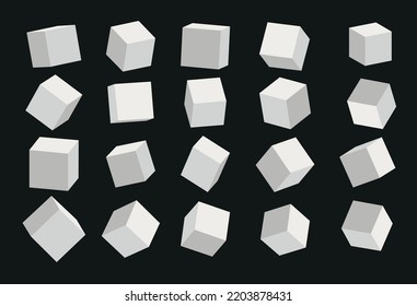 A set of cube icons with a perspective 3d cube model with a shadow. Vector illustration. Isolated on a transparent background eps 10