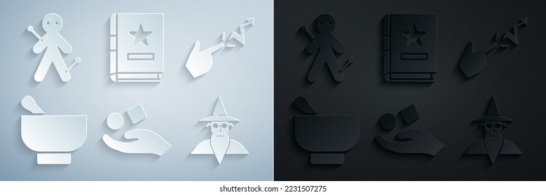 Set Cube levitating above hand, Spell, Magic mortar pestle, Wizard warlock, Ancient magic book and Voodoo doll icon. Vector