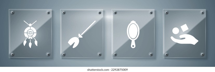 Set Cube levitating above hand, Magic hand mirror, Witches broom and Dream catcher with feathers. Square glass panels. Vector