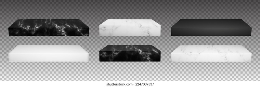 Set of cube marble podiums with black and white textures. Isolated vector platforms for jewelry presentation or showcase and banner creation.