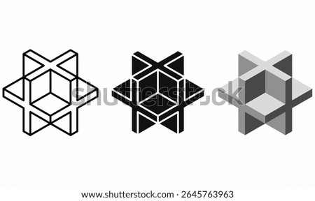 Set of Cube plus logo in 3D optical illusion style with line,outline,silhouette,gradient grey. Geometric, modern,abstract ideal for branding, tech icons, minimal design,futuristic visual identity.