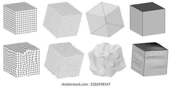 Set cube shape stickers with different linear form inspired by brutalism, cyberpunk collection strange wireframes vector 3d geometric shapes, distortion and transformation of figure, design elements