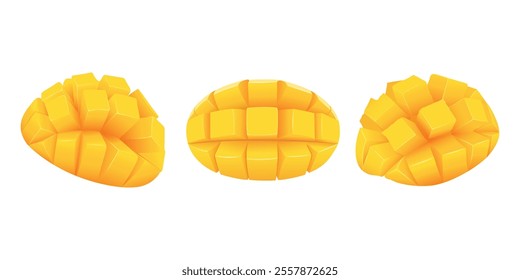 Set with cube sliced mango on skin. Diced mango on skin.