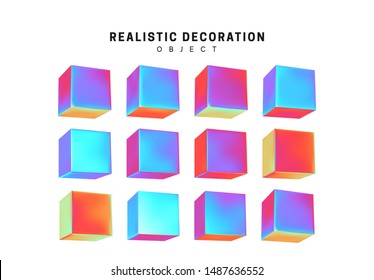 Set Cube. Square Realistic Geometric Shapes With Holographic Color Gradient. Hologram Decorative Design Elements Isolated White Background. 3d Objects Shaped Blue Color. Vector Illustration.