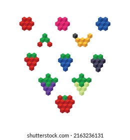 Set of cube style icons of fruits. Can be used for game art or graphic design. Every icon consists from small color cubes.