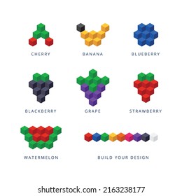 Set of cube style icons of fruits. Every icon consists from color cubes. You can build your own graphic components from separate cubes. 