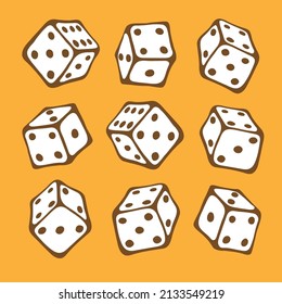 Set of cubes for board game drawn by black outline in doodle style isolated on yellow. Perfect for play decor of children playroom, print, textile, packaging. Stay home concept.