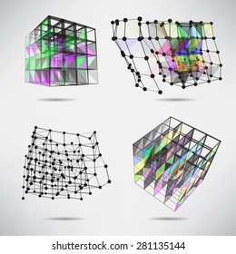 Set of cubes with color texture triangles, lines and dots