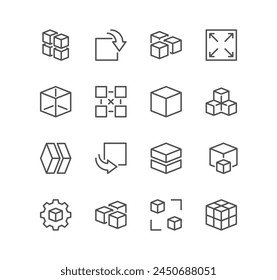 Set of cubes related icons, 360 degrees, virtual reality, full rotation, 3d modeling and linear variety vectors.
